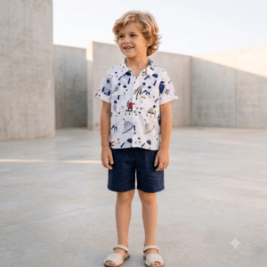 alt="Niño sonriendo con camisa Espacial de Kannela"