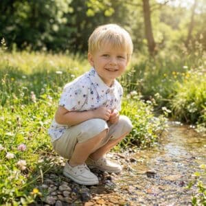 niño rubio de 4 años con camisa Piratas y pantalón Lion jugando en la orilla del río en un día de sol
