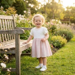 niña rubia con el vestido Melanie en el exterior