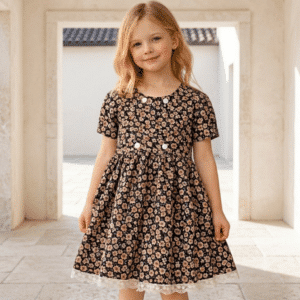 niña rubia con el vestido cruzado Dora en un patio mediterráneo luminoso