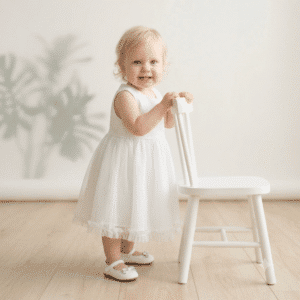 alt="Bebé sonriendo con vestido Gloria crudo de Kannela"
