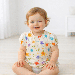 alt="Bebé sonriendo con blusa Tania de Kannela"